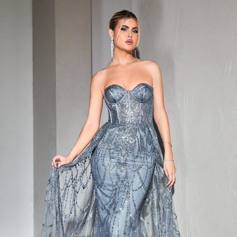 NEW LONG OFF THE SHOULDER STRAPLESS LACE FITTED GOWN WITH OVERSKIRT CD CB095